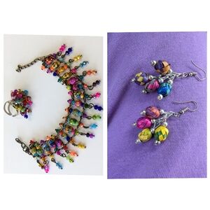 VTG WOVEN BASKET & FACETED BEAD CHARM BRACELET, ADJUSTABLE RING & EARRINGS